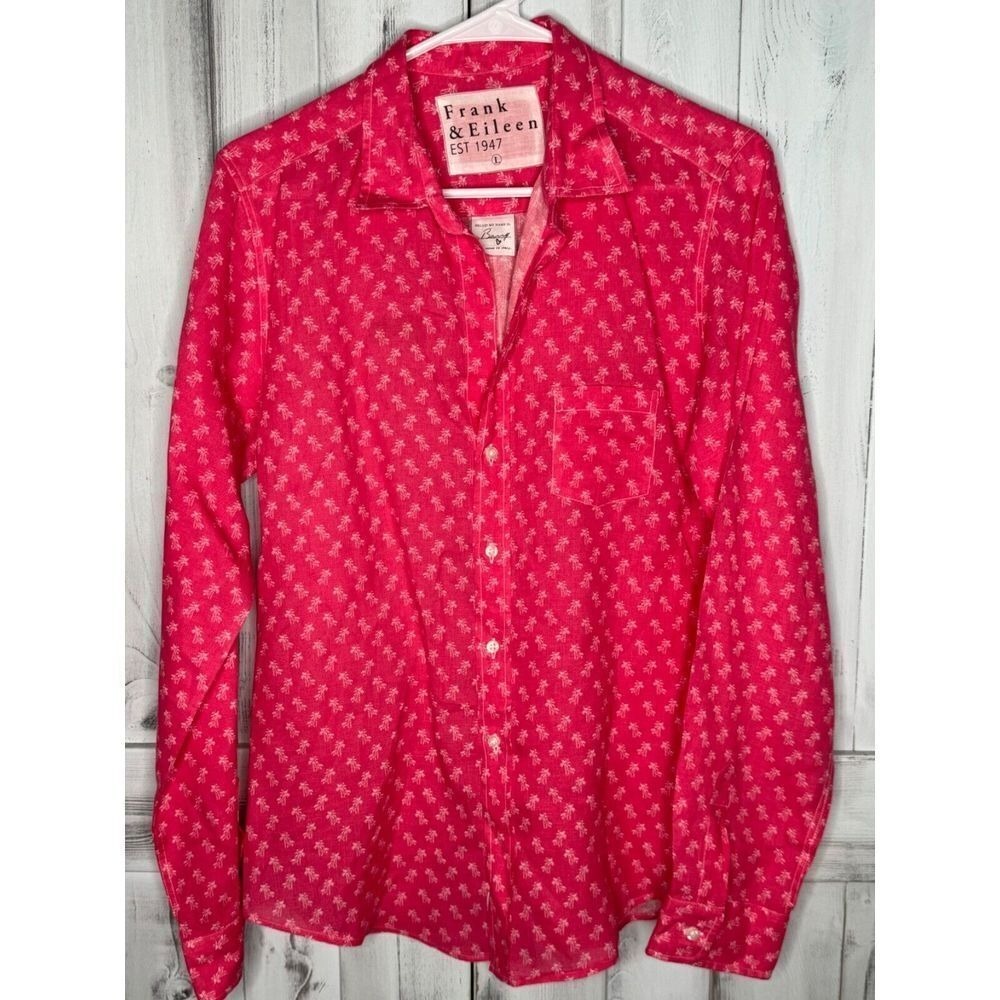 FRANK & EILEEN 'BARRY' 100% LINEN PINK PALM TREE LONG SLEEVE BUTTON UP SHIRT LG